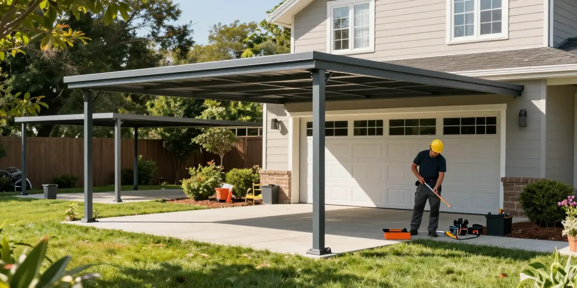 Carport Montage: Professionelle Installation eines modernen Carports in einem Wohngebiet mit Werkzeugen und grüner Umgebung.