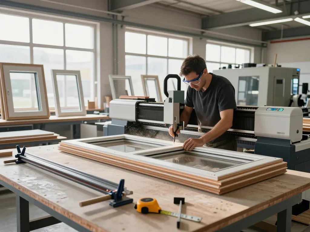 Handwerker arbeitet an Fensterbau-Fensterrahmen in einer modernen Fabrik.