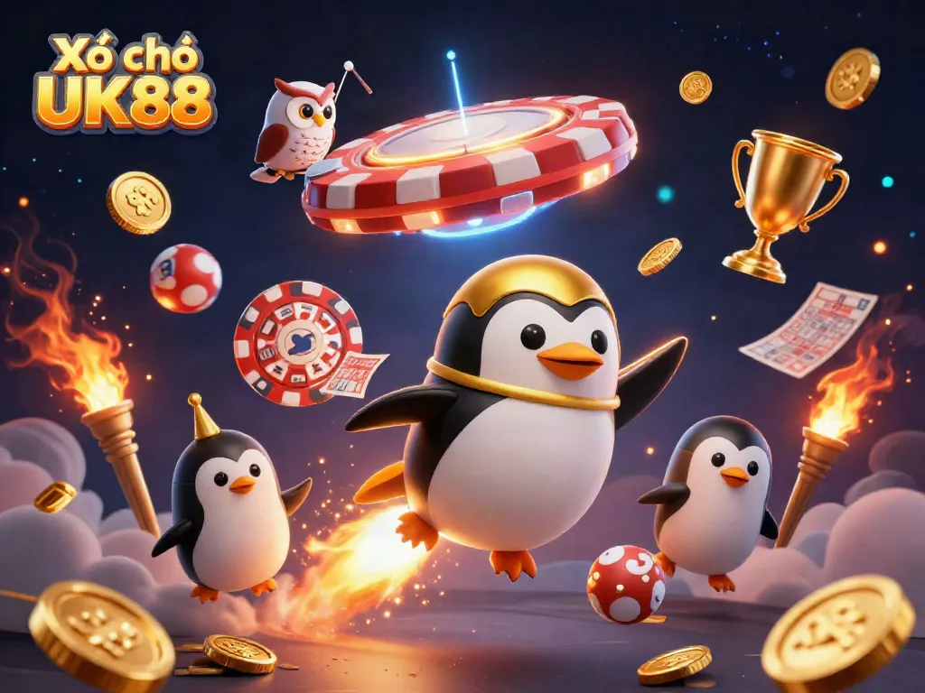 Experience thrilling Xổ số UK88 action with a golden penguin and lottery elements in space.