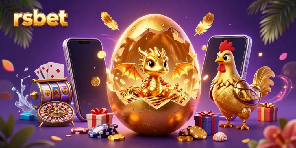Experience the thrill of winning with rsbet's vibrant 3D illustration featuring golden dragon and casino games.