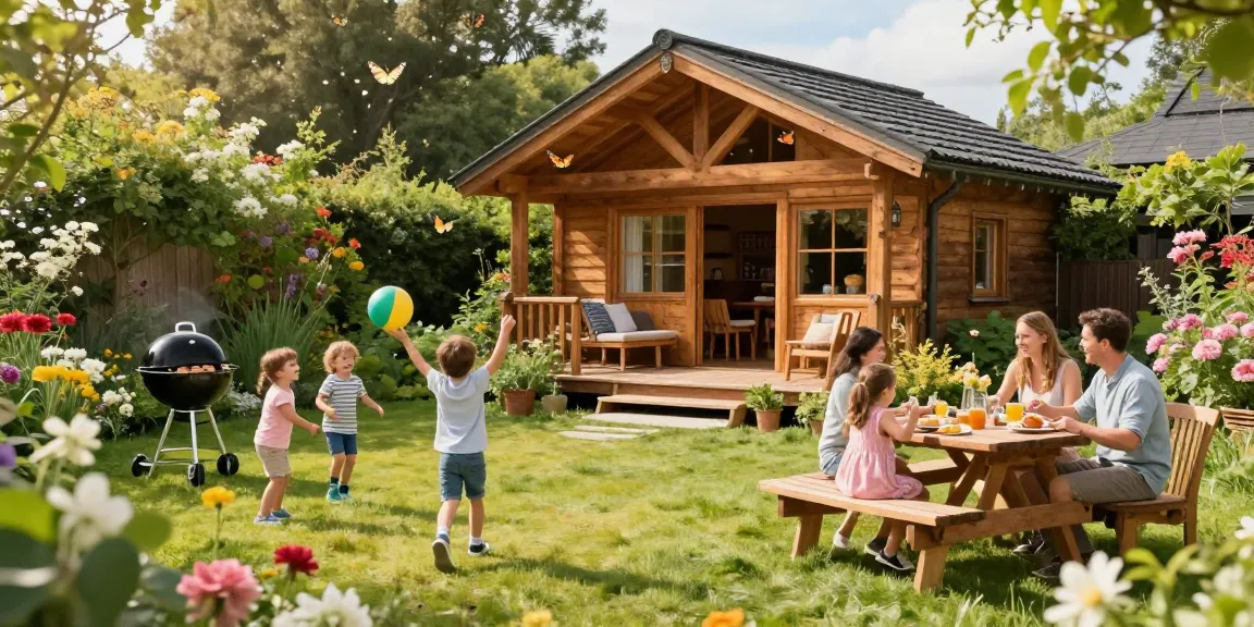 Garten Haus umgeben von blühenden Blumen und Familienaktivitäten im Garten.