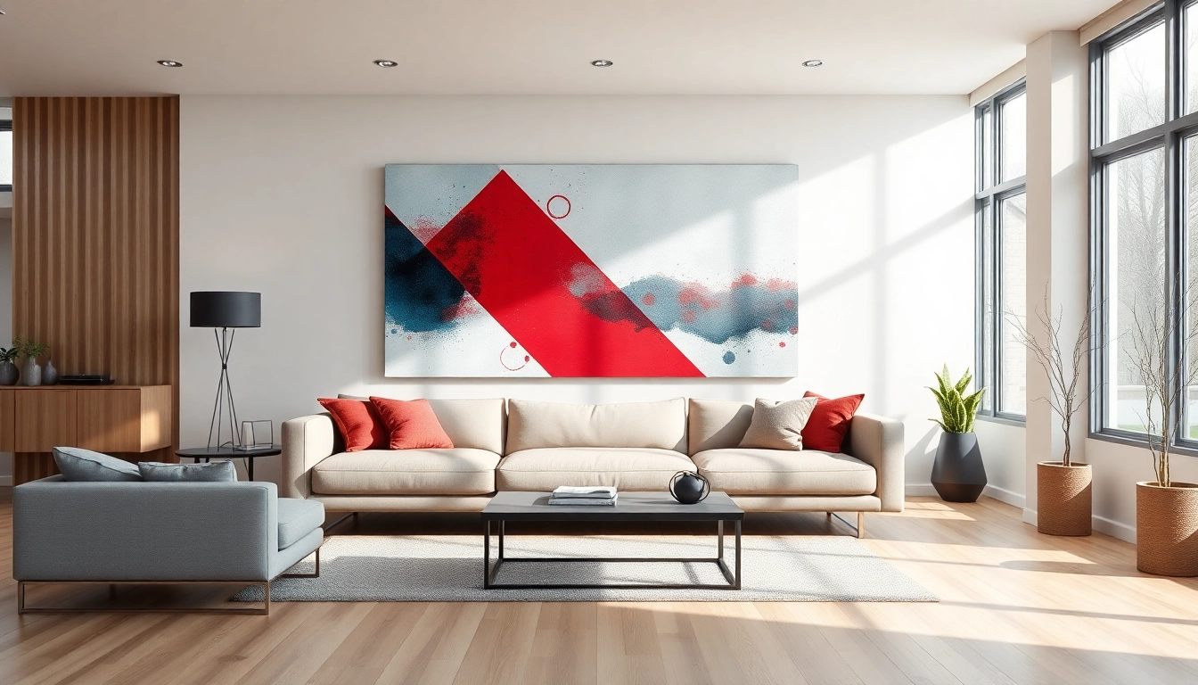 Moderne wandbilder in einem stilvollen Wohnzimmer mit lebendigen geometrischen Formen.