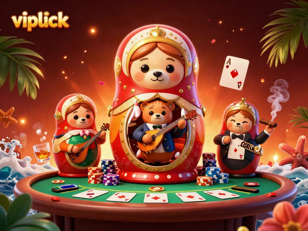 Experience thrilling gameplay at vipluck Casino with cartoon dealers and poker elements.