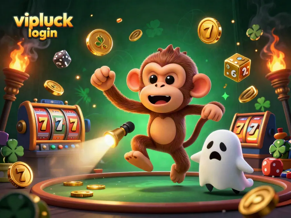 Track the vipluck login action in a haunted casino with playful golden elements.