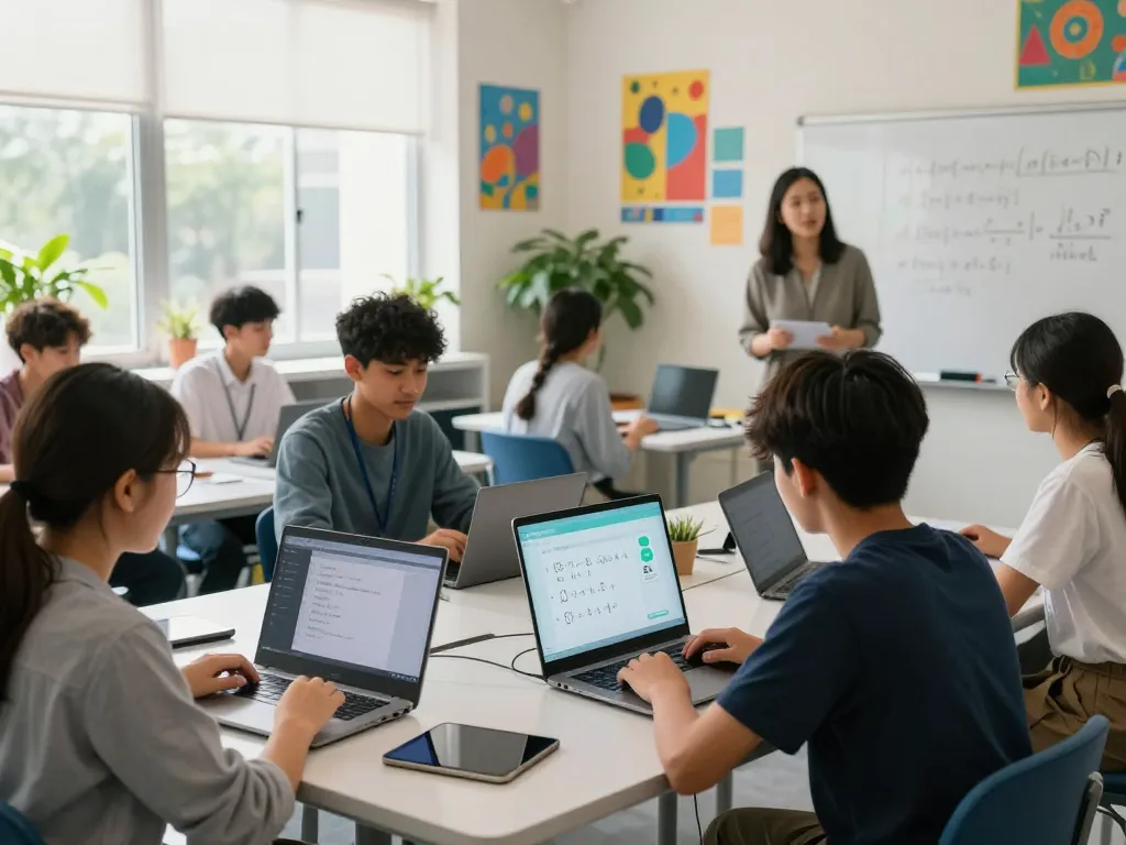 Schüler, die Hausaufgaben-KI für kollaborative Lösungen in einem hellen Klassenzimmer nutzen.