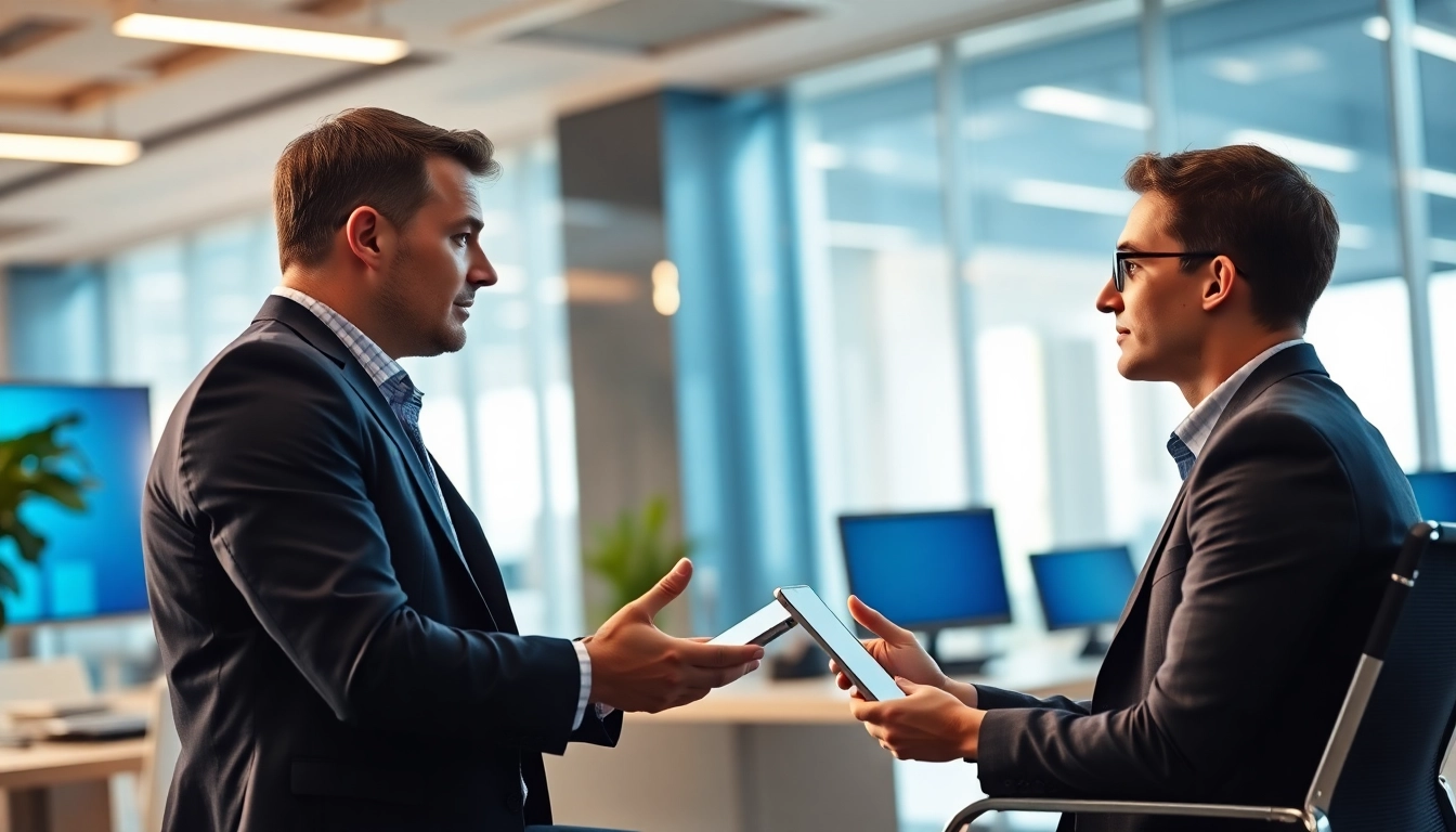 Headhunter Schweiz interview in a modern office setting with technology and natural light.
