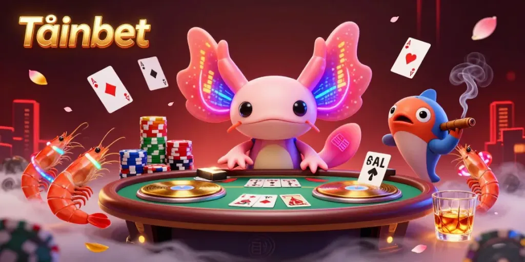 Tảinbet offers a vibrant 3D illustration with a DJ axolotl and poker elements in a dazzling casino scene.