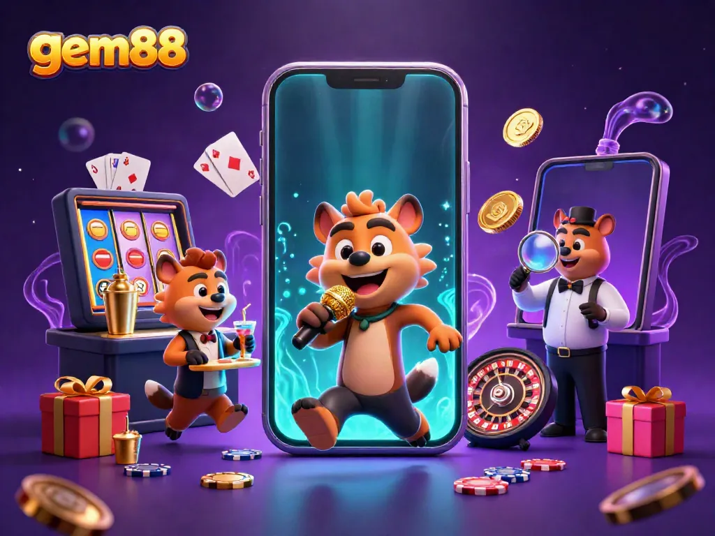 Experience the thrill of gem88 in an energetic casino scene with hyena characters and vibrant game elements.
