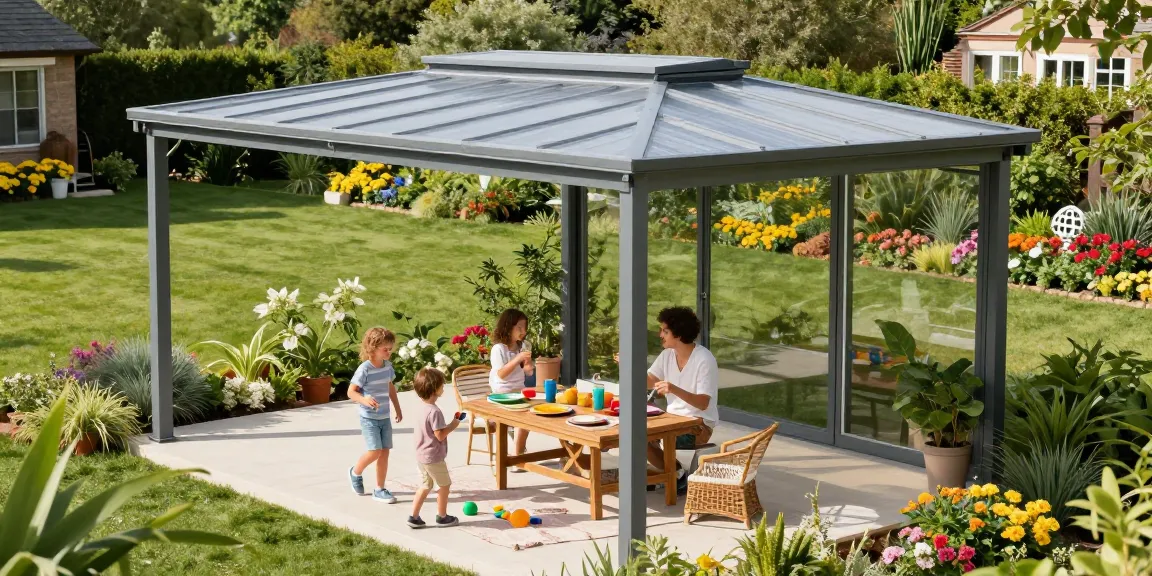 Moderne freistehende Terrassenüberdachung mit Familie, die einen sonnigen Tag im Garten genießt.