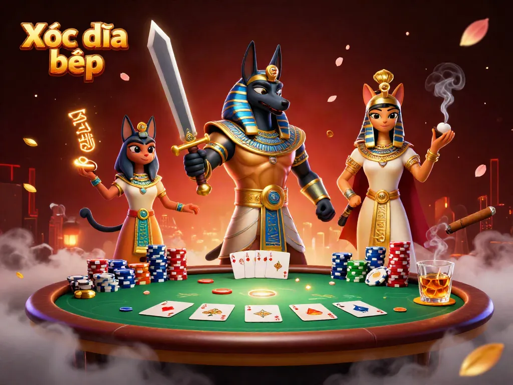 Xóc đĩa bịp scene featuring Anubis and Bastet playing at a vibrant poker table.