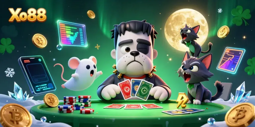 Engage with Xo88 in a vibrant 3D casino scene featuring a Frankenstein bulldog dealing cards and crypto elements.