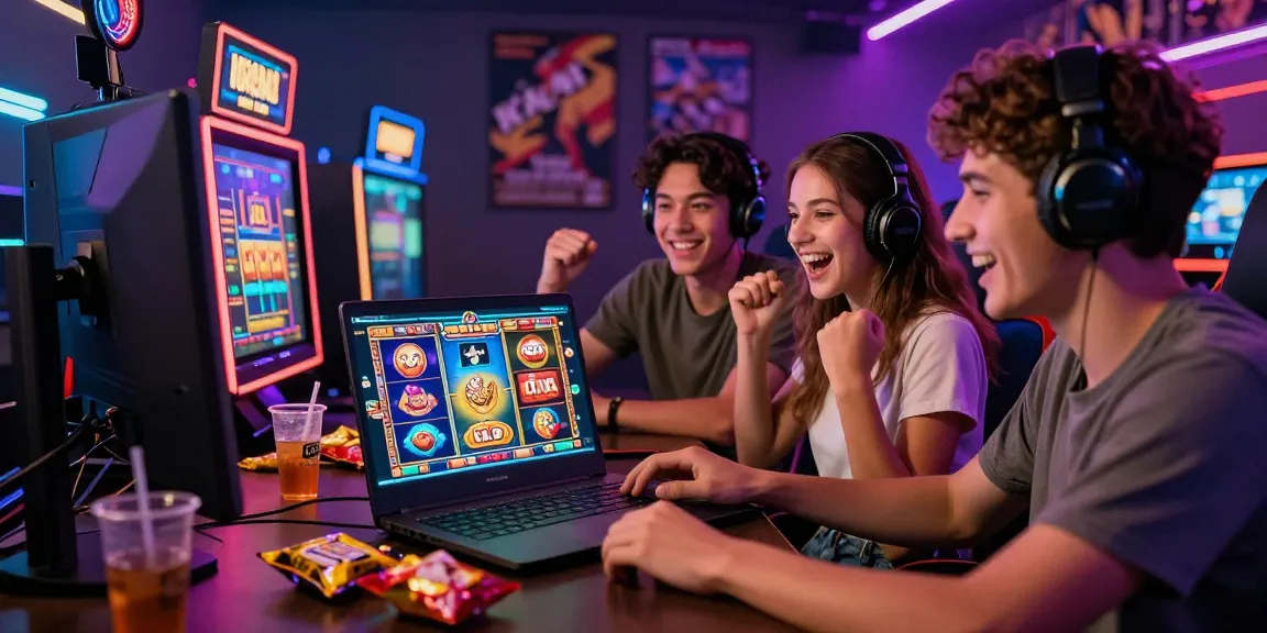 Engaged friends playing สล็อตเว็บตรง online slots with vibrant graphics in a lively gaming room.