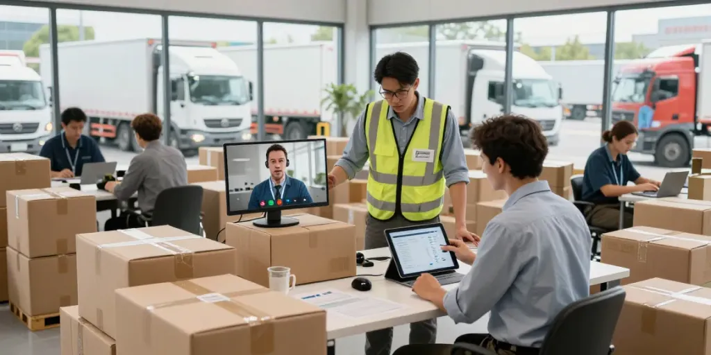 Transportunternehmen in Bielefeld: Professionelles Team arbeitet an internationalen Transportlösungen in modernem Logistikzentrum.
