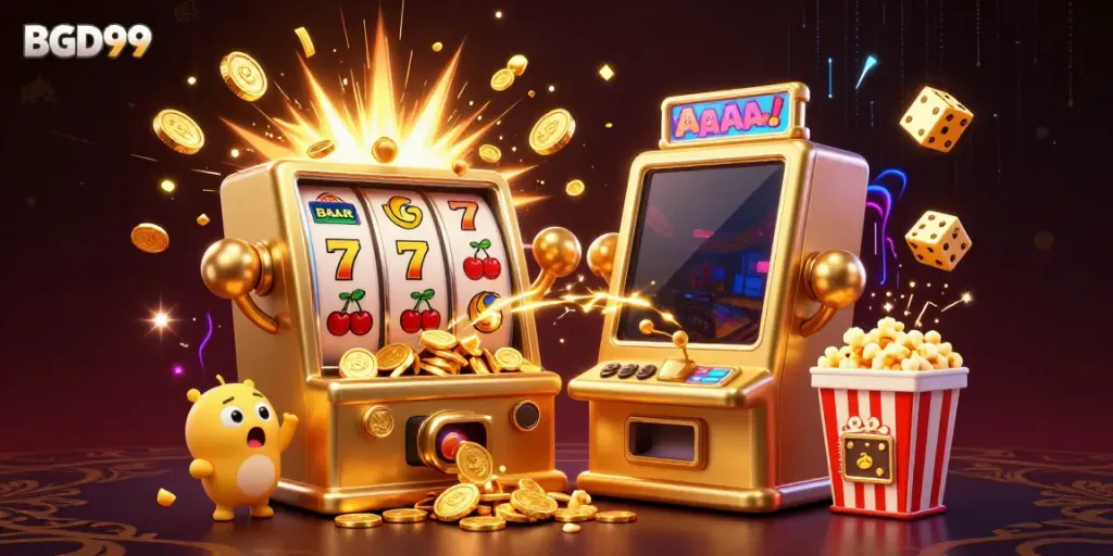 Spin to win at BGD99 with exciting slot machine action pouring coins and dynamic gaming elements.