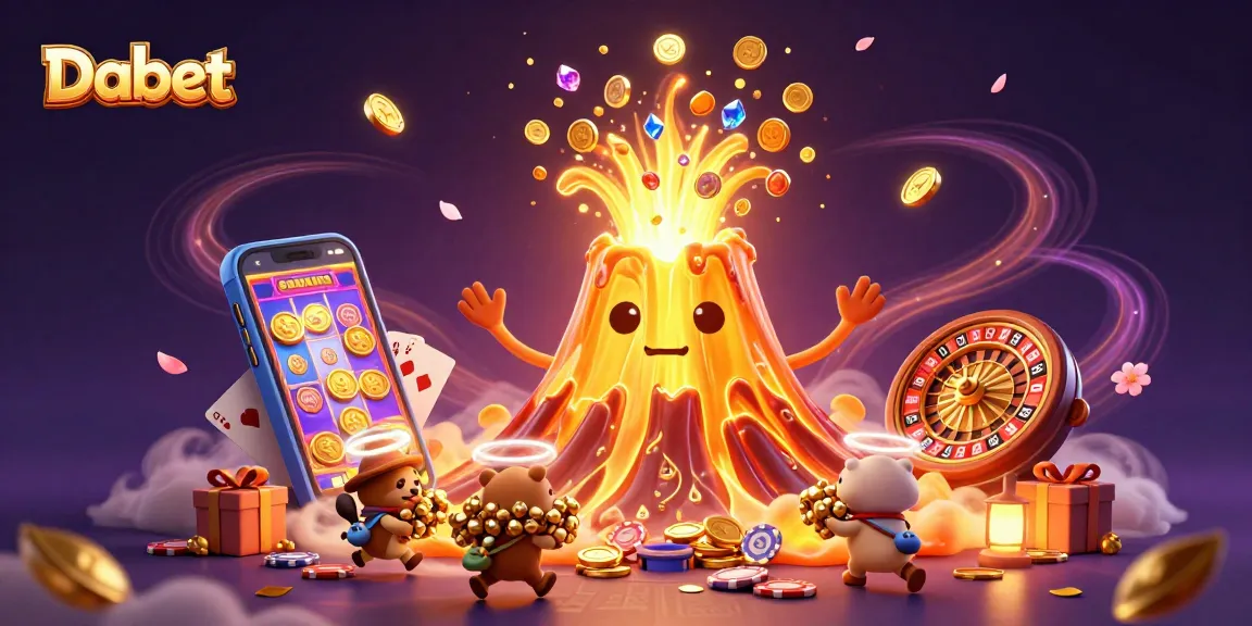 Dabet shines as golden coins erupt from a volcano in an engaging casino-themed adventure.