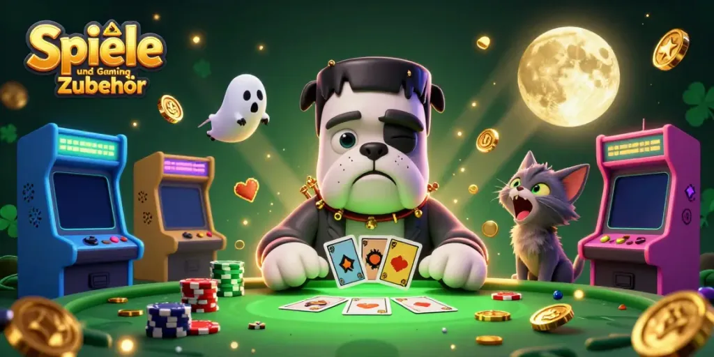 Kartenspiel mit Spielen und Gaming Zubehör und gruseligem Ambiente