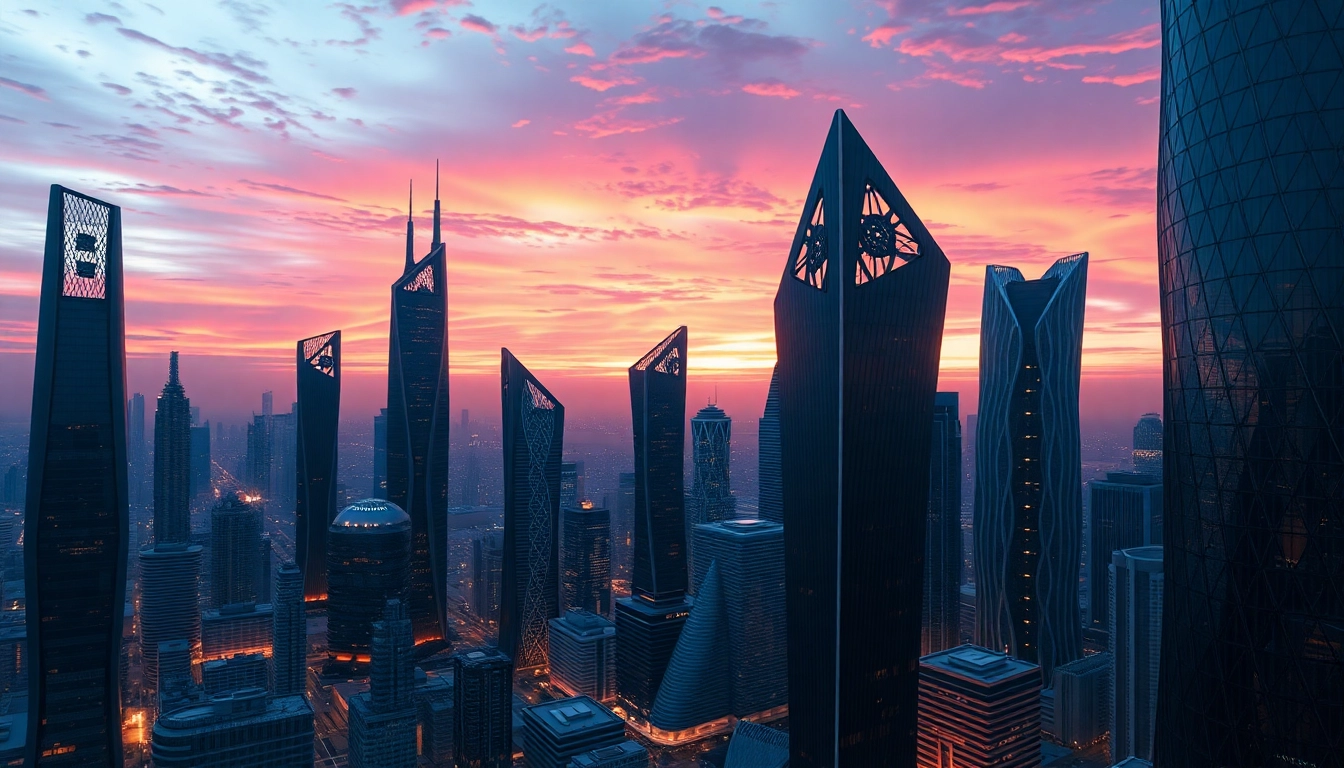 3d visualisierung einer futuristischen Stadtlandschaft mit dynamischen Hochhäusern und warmem Licht.