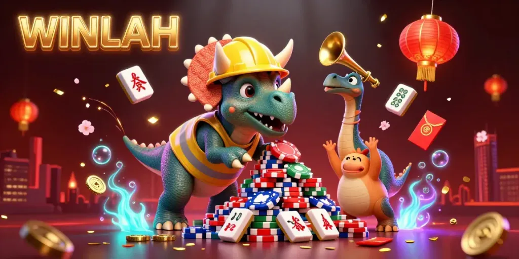WINLAH casino characters celebrate with poker chips and festive elements in a vibrant 3D illustration.
