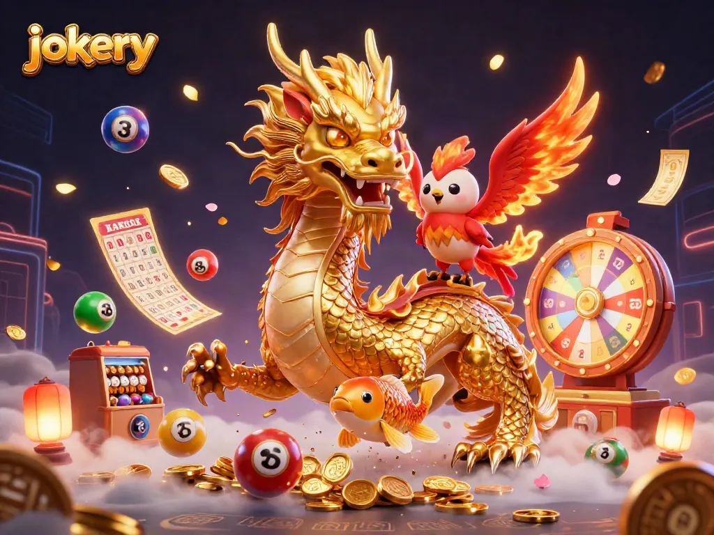 Engage with jokery-themed gaming featuring a golden dragon and phoenix in an exciting casino scene.