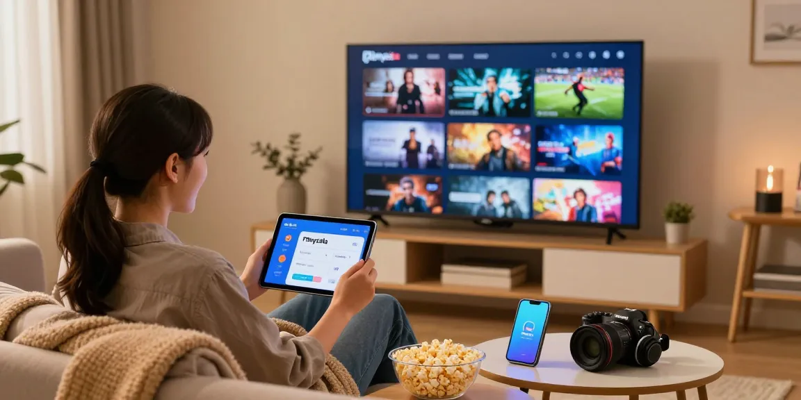 Streaming experience on Filmyzilla app from a cozy living room, showcasing movies and sports.