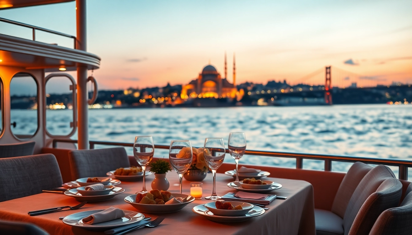 Bosphorus dinner cruise mit einem elegant eingedeckten Tisch auf einem luxuriösen Boot mit Blick auf die Skyline von Istanbul.