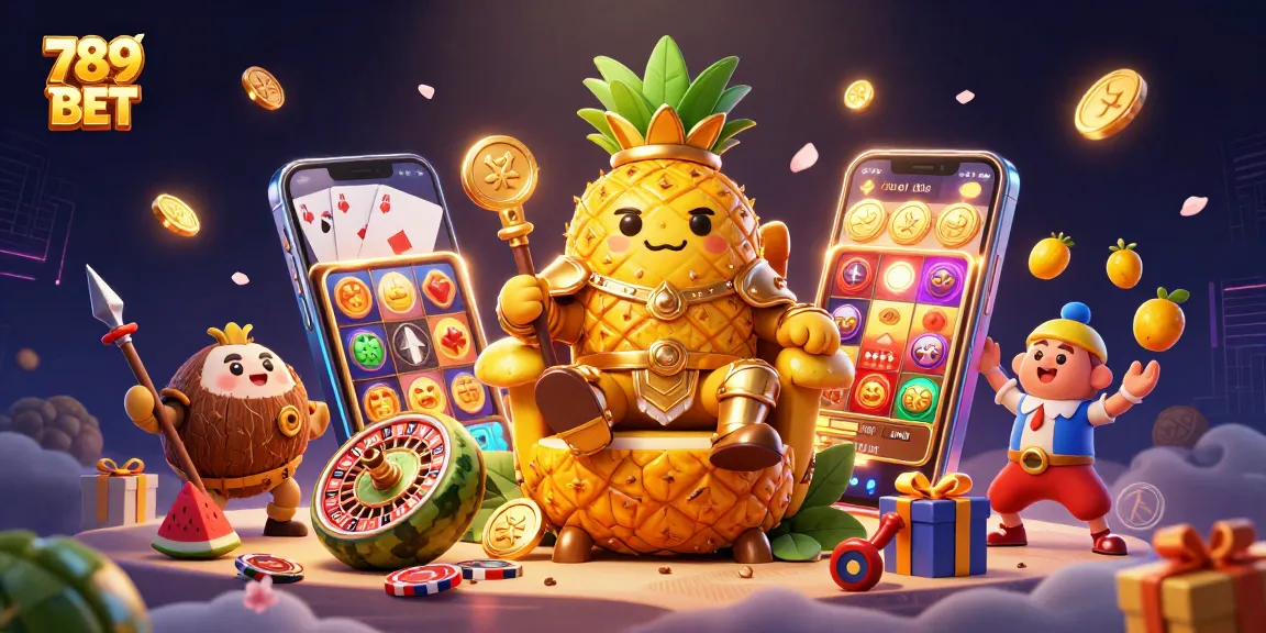 Experience a vibrant casino atmosphere with 789 BET, amidst golden coins and exciting games.