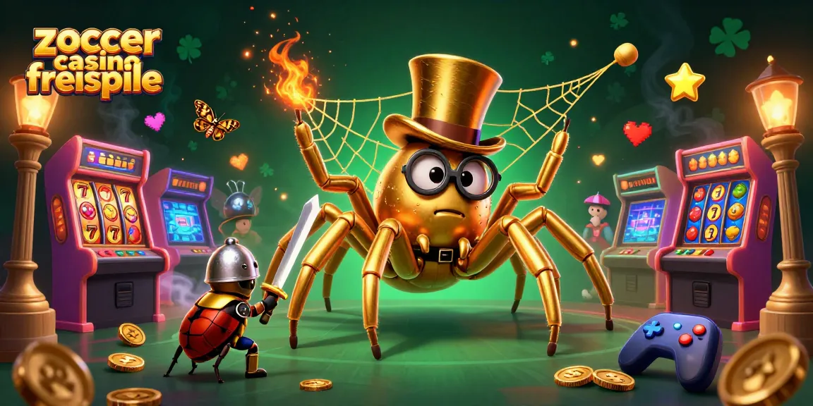 Zoccer Casino Freispiele mit einem mutigen Käfer-Ritter und einem goldenen Tarantula in einem farbenfrohen Spielumfeld.