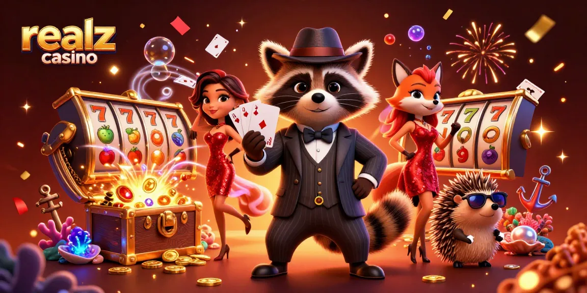 Experience the vibrancy of the realz casino with animated characters amid colorful gaming elements.