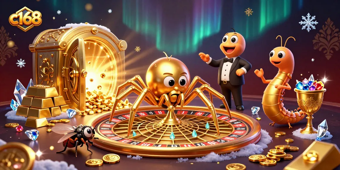 Experience thrilling bets with c168 as a golden spider spins a roulette web amidst treasures.