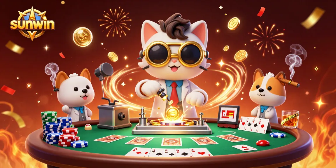 Experience thrilling poker action with sunwin, featuring a mad scientist cat and dog at a vibrant table.